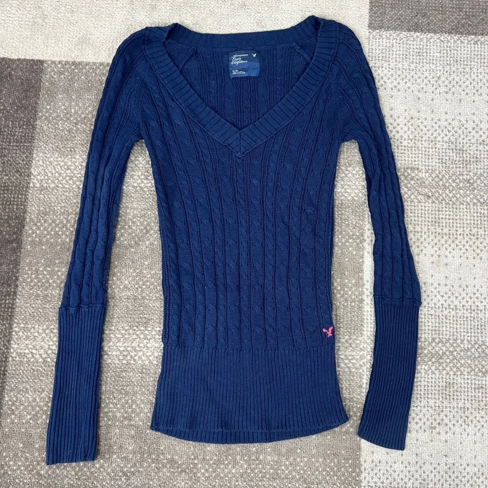 Y2K American Eagle Navy Blue Cable Knit V-Neck Sweater Womens Medium Snatched - Picture 3 of 8